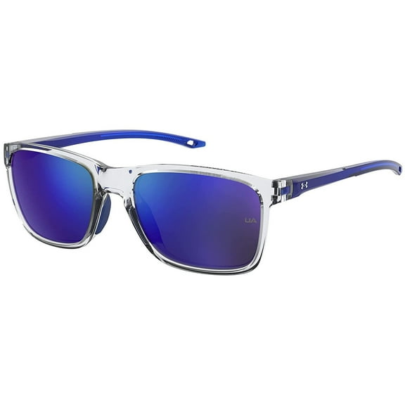 Under Armour Boy's Hustle Jr Youth Fit Square Sport Sunglasses with Mirror Lens - Crystal Clear/Blue Mirror   UA7002S-0QM4-Z0