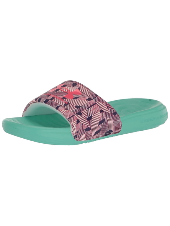 Girls Ansa Graphic Fixed Strap Slide Sandal, (104) White/Green Breeze/Pink Shock, 1 Little Kid