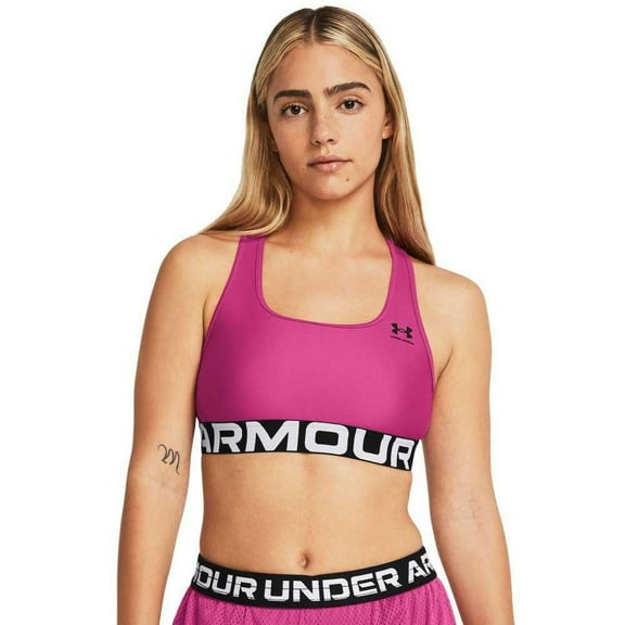Under Armour HeatGear Authentics Mid Impact Branded Sports Bra Astro Pink/Black XL US 16