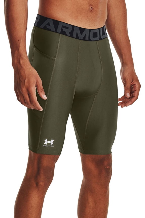 Men's HeatGear Long Compression 9\&q; Shorts (Marine Od Green/White, XXXL)