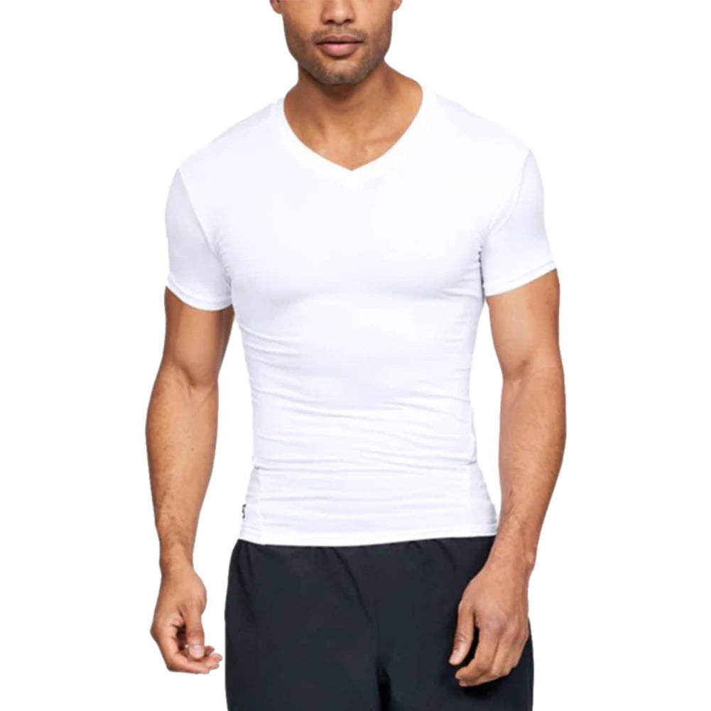 Under Armour Men's V-Neck T-Shirt UA Tactical HeatGear Compression Tee  1216010, White, L 