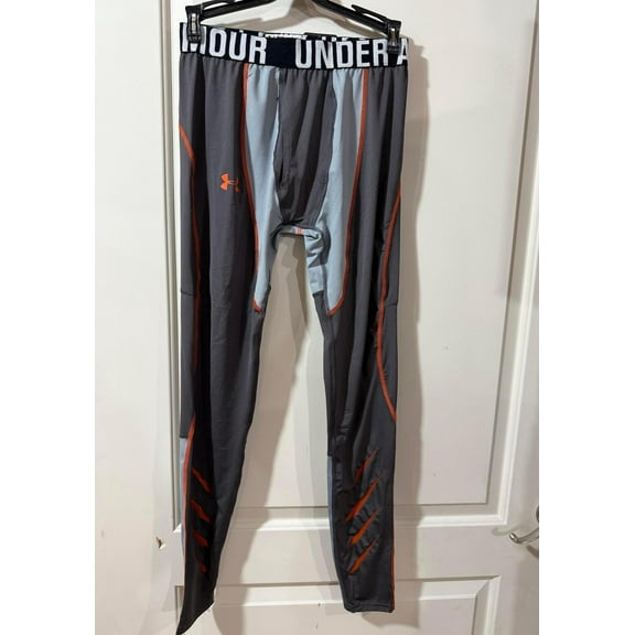 Under Armour Mens Grey/Orange Grippy Fitted Hockey Leggings Pants Size Medium