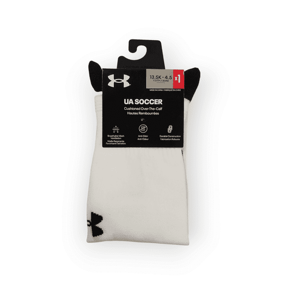 Under Armour Soccer Youth Cushioned OTC Socks Size 13.5K-4.5 White w/Black