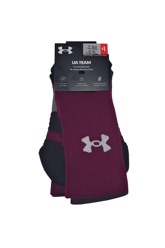 Socks Mens 7-8.5 Womens 6-10 Maroon Cushion Crew UA Team 1 Pair