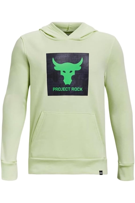 UA Boys' Project Rock Rival Fleece Theme Hoodie - Phosphor Green / Tempered Steel / Extreme Green 369 - (Small)