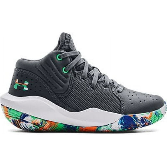 Under Armour Unisex Kids' Grade School Jet '21 Basketball Shoe Pitch Gray/Antifreeze/White - 3024794-111
