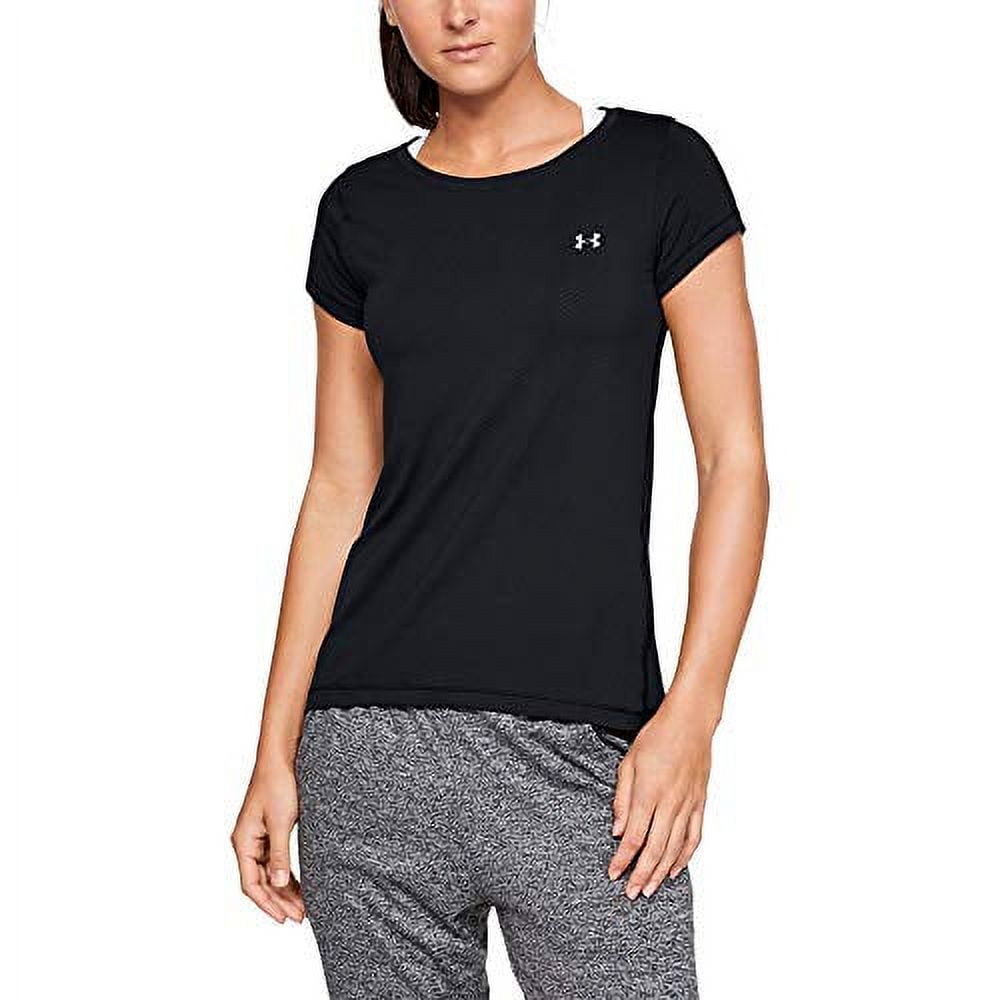 Under Armour Women's HeatGear Short Sleeve Dri Fit Shirt (Black/Metallic Silver, XXL)