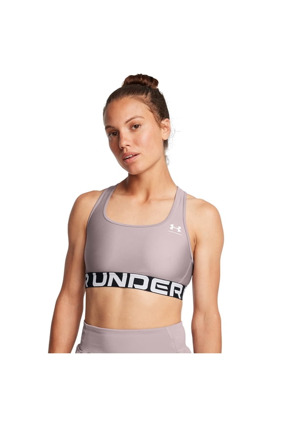 Women's Standard HeatGear Mid-Impact Branded Sports Bra, Tetra Gray/White