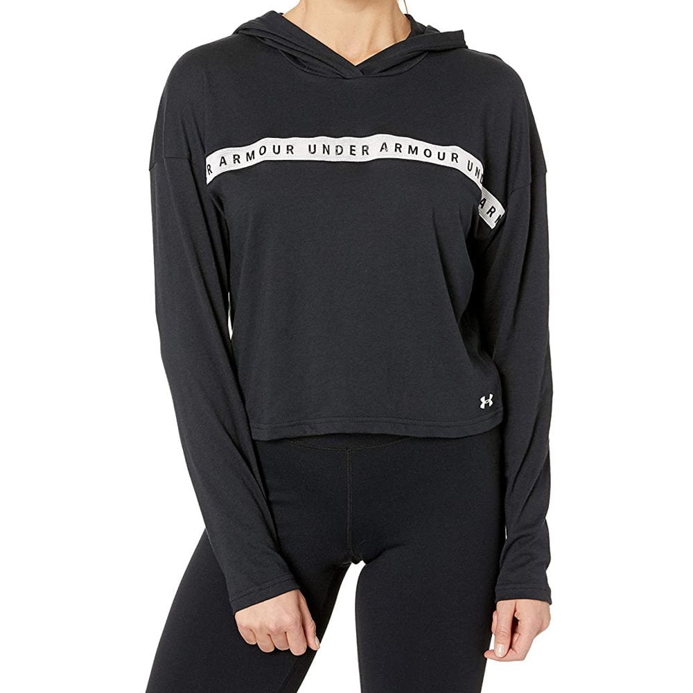 Under Armour Womens Logo Taped Cropped Hoodie,Black/white,XX-Large