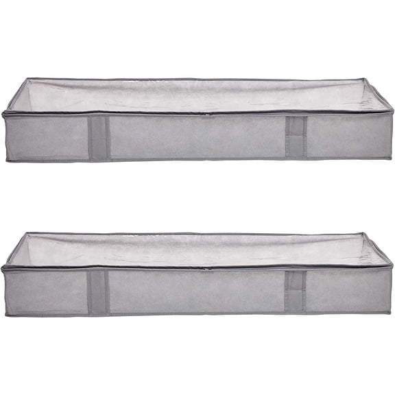 Under Bed Fabric Zipper Blanket Storage Container Bags with Window and Handles, 2-Pack, 18 x 42 x 6 inches, Gray