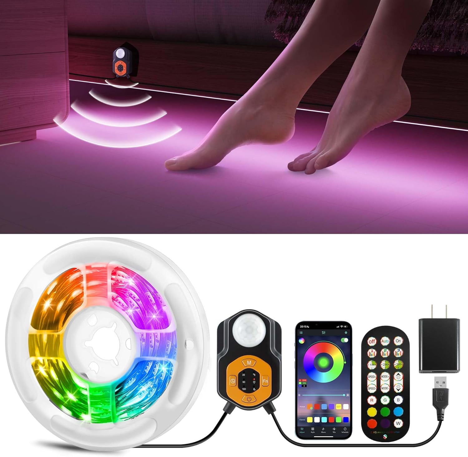 Under Bed Lights Motion Sensor LED Light Strip, 20ft 3 Mode RGB Motion