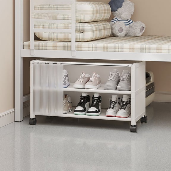 Under Bed Rolling Shoe Rack Organizer with Curtain, Multi Layer ABS Storage Cabinet for Closet Dorm Entryway