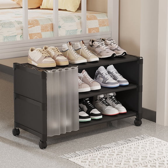 Under Bed Rolling Shoe Rack Organizer with Wheels and Curtain for Closet Entryway and Dorm Storage