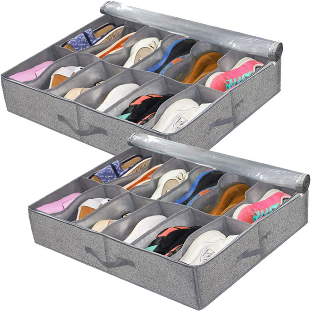 Under Bed Shoe Organizer with Covered Dividers, Foldable Storage Bag for 24 Pairs of Men's and