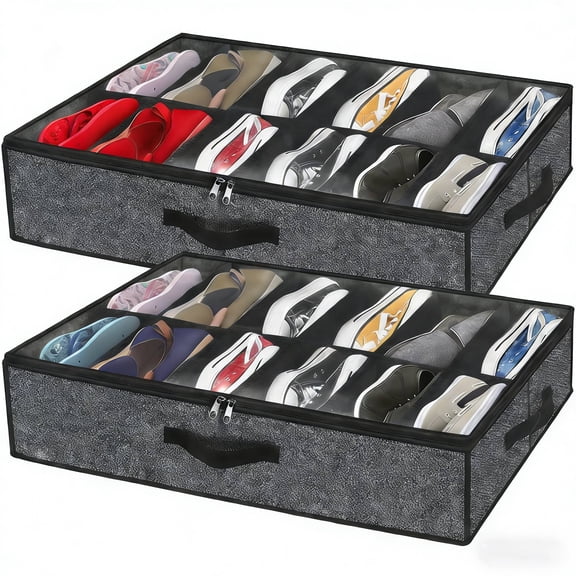 Under Bed Shoe Storage Organizer, Set of 2, Fit 8 to 16 Pairs, Underbed Shoes Closet Storage Solution with Clear Window 24×18×6in, Gray