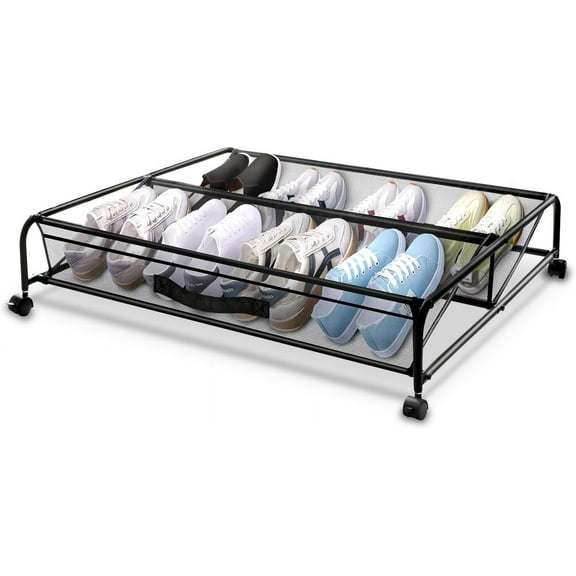 Under Bed Shoe Storage with Wheels, Space Saving Shoe Organizer with Sturdy Metal Frame & Breathable Mesh, Suitable Under The Bed, Sofa and Desk