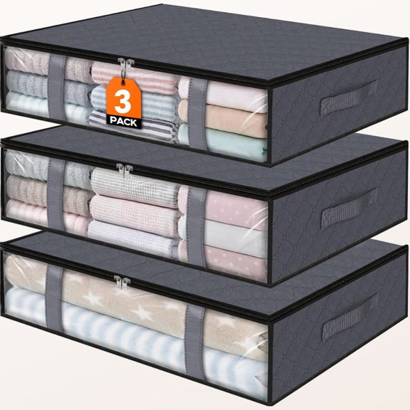 Under Bed Storage Bins, 3-Pack Foldable Fabric Storage Bags with Transparent Window, Breathable Organizer for Clothes/Blanket/Comforter/Quilt, Grey