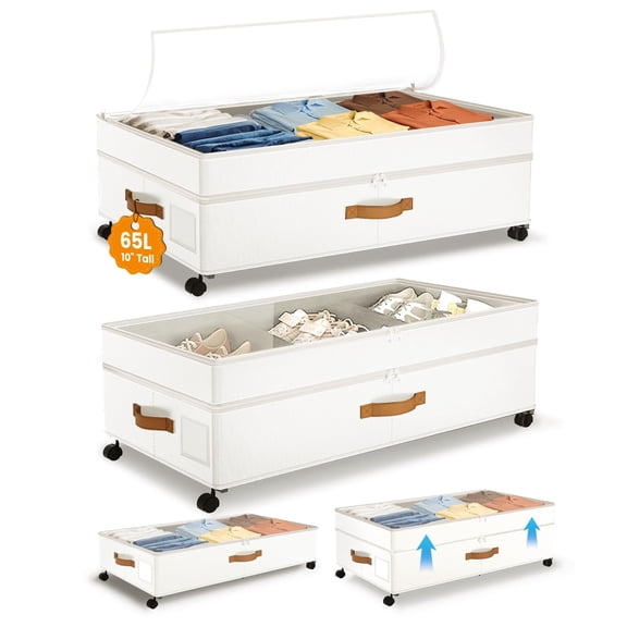Under Bed Storage Chest White 65L XXL Adjustable Rolling Storage for Shoes Clothes Blankets