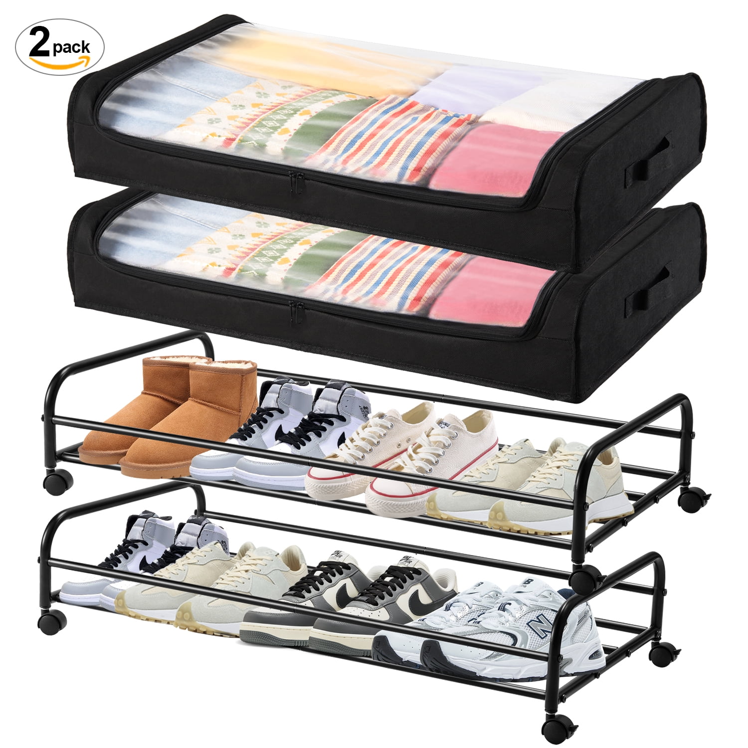 Under Bed Storage Containers, Under Bed Shoe Storage With Wheels, Bedroom Storage Organization with Handles, Under Bed Storage Bins Drawer For Clothes, Blankets And Shoes, Bedding-Black