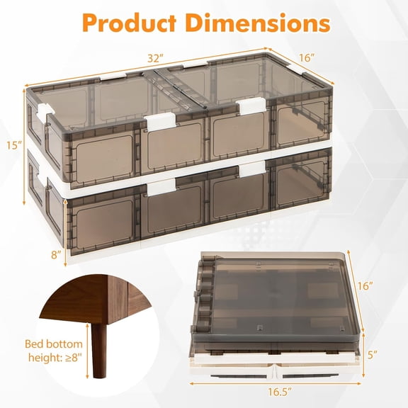 Under Bed Storage Containers with Wheels, 2 Pack Stackable Plastic Bins Double Opening Lids Collapsible Rolling Boxes for Clothes Shoes Blankets