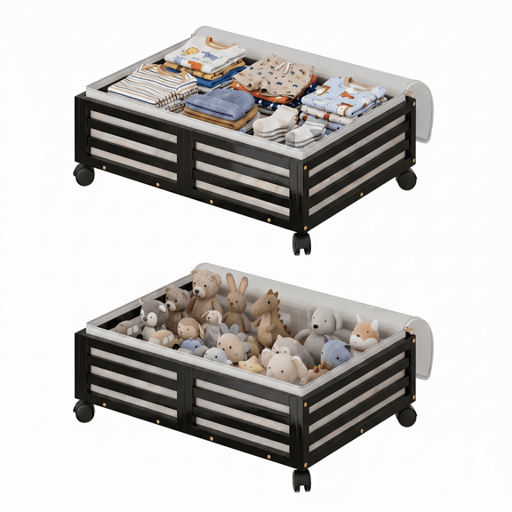 2 Pack 35L Bamboo Under Bed Storage Containers with Wheels, Under Bed Shoe Storage Drawers with Clear Dust Bags for Clothes,Black