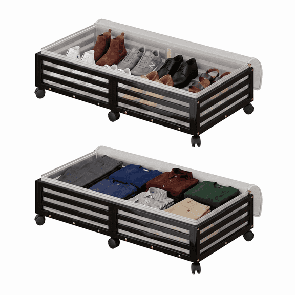 Wisucart 2 Pack 50quart Bamboo Under Bed Storage Containers with Wheels, Under Bed Shoe Storage Drawers with Clear Dust Bags 7.28In high,Black