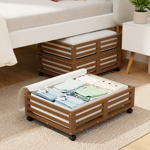 Under Bed Storage Containers with Wheels, Large Capacity Bamboo Shoe Organizer, Rolling Wood Underbed Storage Bags, 2-Pack (23.62"×16.54", Walnut)