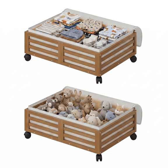 2 Pack 35L Bamboo Under Bed Storage Containers with Wheels, Under Bed Shoe Storage Drawers with Clear Dust Bags for Clothes,Walnut