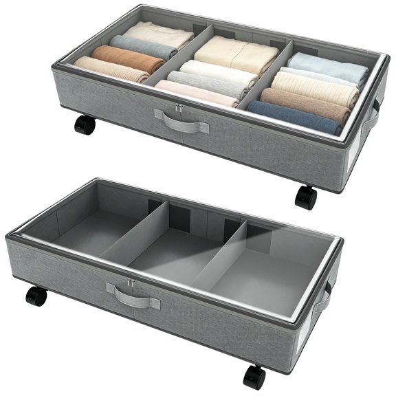 Under Bed Storage Organizers 2 Pcs, Rolling Oxford Cloth Containers with Clear Lid, Foldable Bins for Clothes, Shoes, Blankets, Household Goods