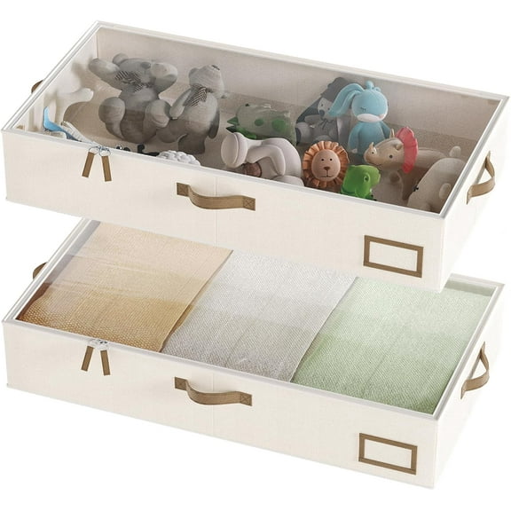 Under Bed Storage, Storage Containers Bins for Clothes, Large Linen Underbed Closet Organization Bins, 2 Pack Collapsible Bin Dorm Sweater, Beige