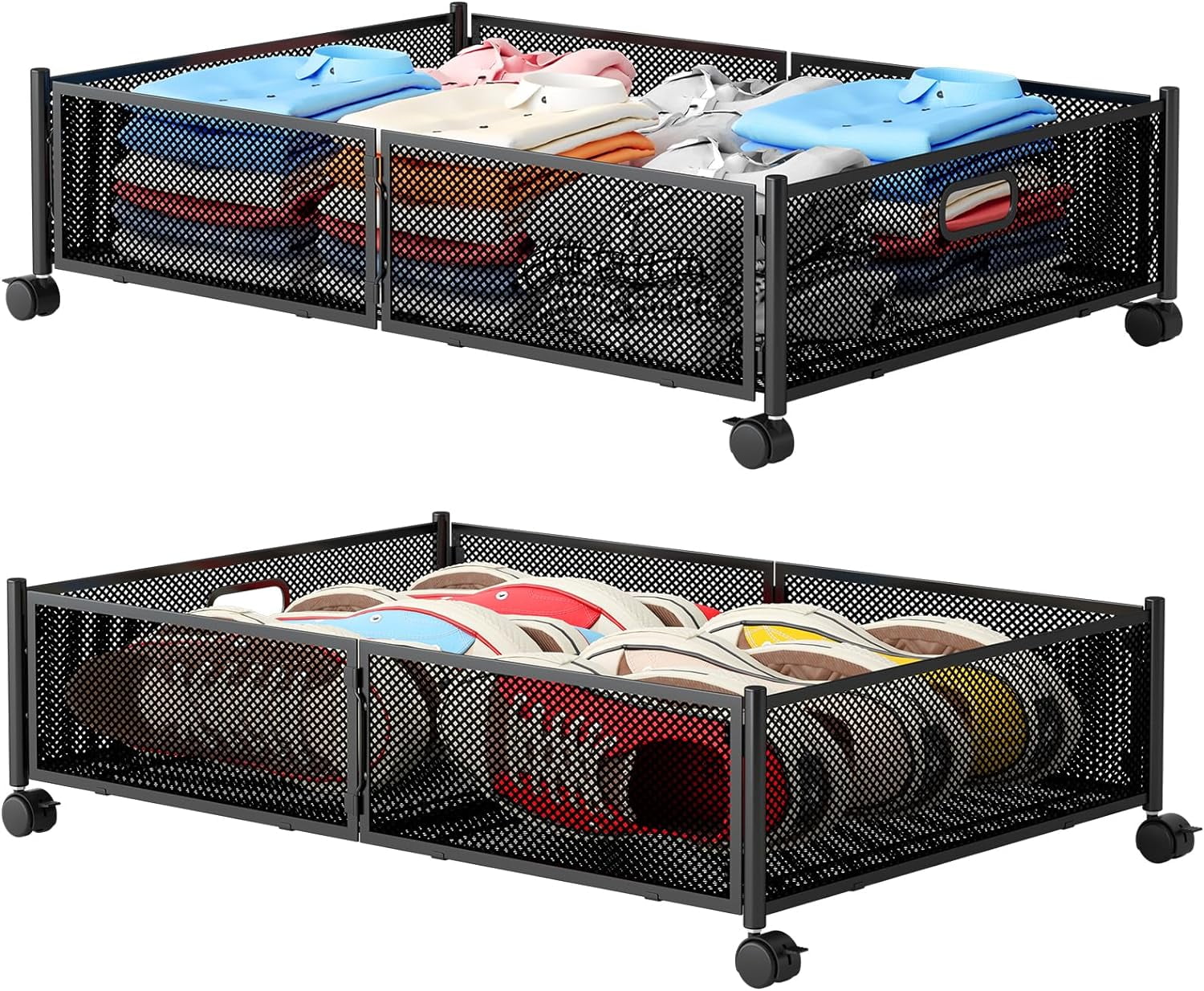 Under Bed Storage with Wheels, Under the Bed Foldable Sturdy Metal Mesh