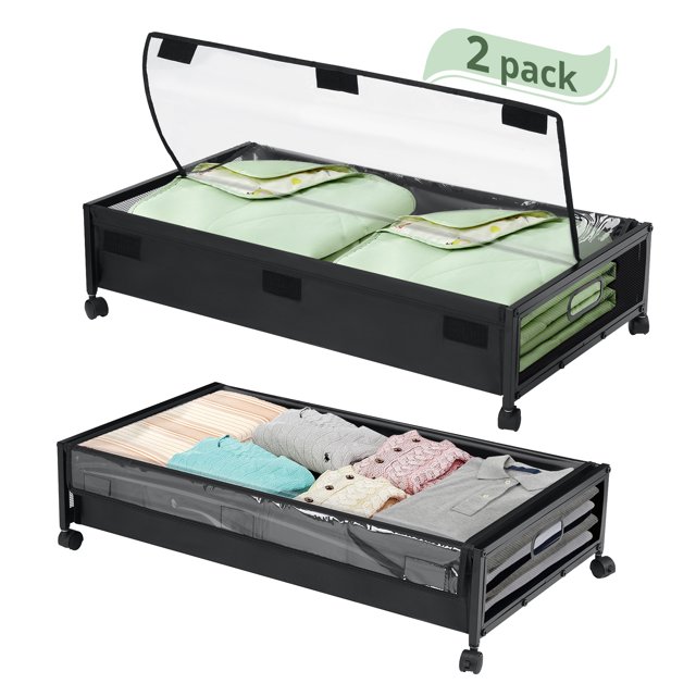 HONEIER Metal Under Bed Storage Box with Wheels and Clear Lid