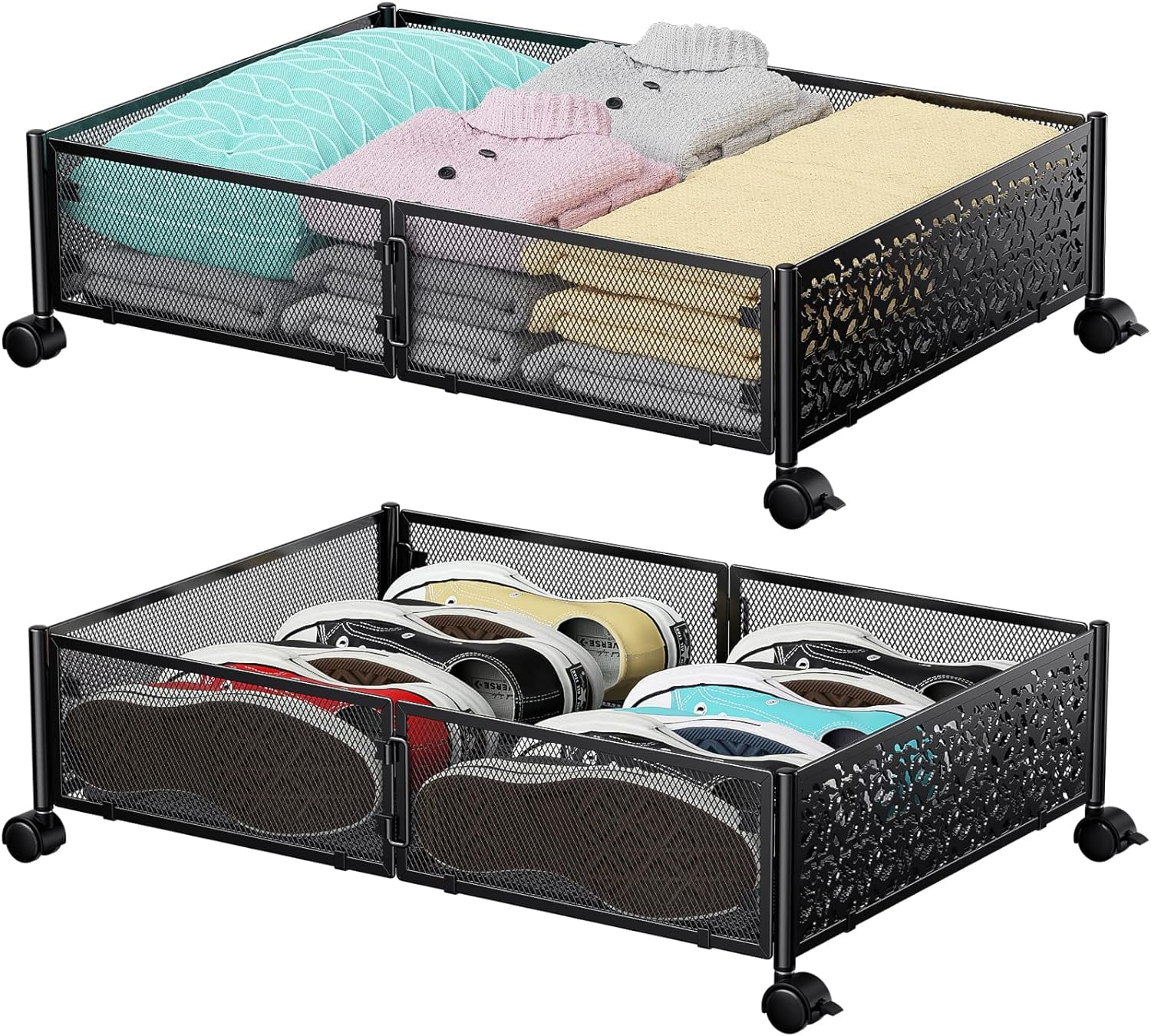 Under Bed Storage with Wheels, Metal Underbed Storage Containers Drawers, Under Bed Shoe Storage