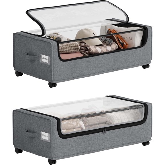 Under Bed Storage With Wheels, Tall Under The Bed Storage, Underbed Storage Containers With , Metal Frame, 90L Capacity, Large Size
