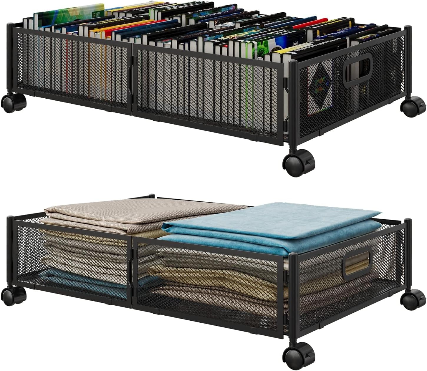 Black Metal Foldable Under Bed Storage with Wheels, Set of 2