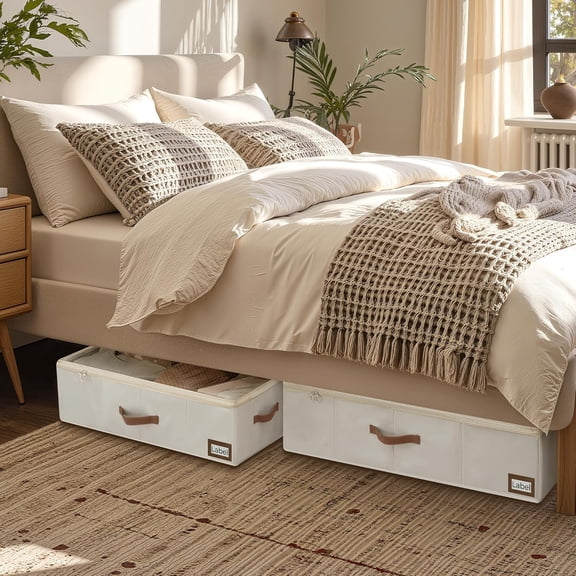 Under Bed Storage with Wheels, 10" Underbed Storage Containers with Lid, 90L Clothes Organizer for Blankets, Sweaters, Bedding, 2-Pack, Beige