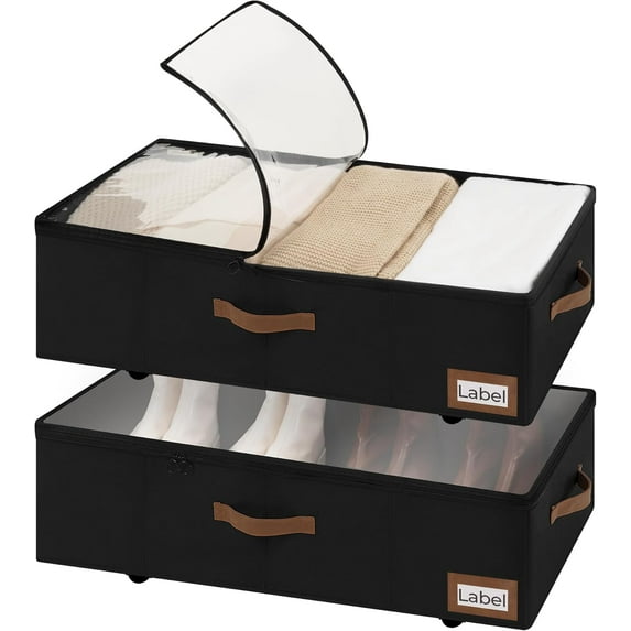 Under Bed Storage with Wheels, 10'' Underbed Storage Containers with Lid, 90L Clothes Organizer for Blankets, Sweaters, Bedding, 2-Pack, Black