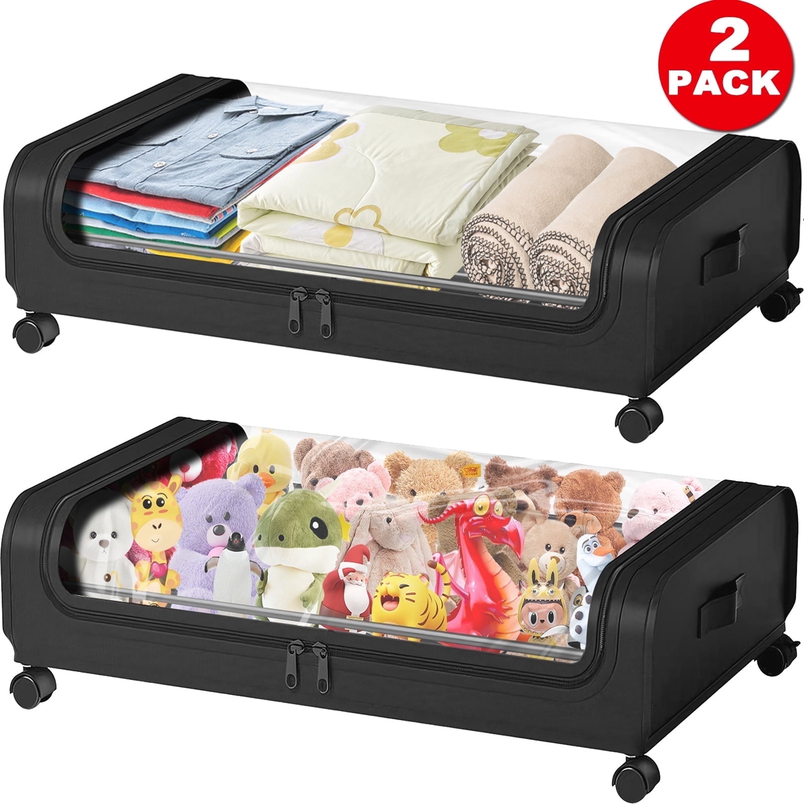Under Bed Storage with Wheels, 2-Pack Large Capacity Under Bed Storage Containers with Clear Lid, Roller Underbed Organizer Drawer for Clothes, Shoes, Toys, Bedding, Closet