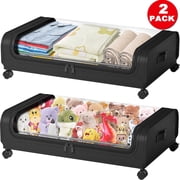 Under Bed Storage with Wheels, 2-Pack Large Capacity Under Bed Storage Containers with Clear Lid, Roller Underbed Organizer Drawer for Clothes, Shoes, Toys, Bedding, Closet