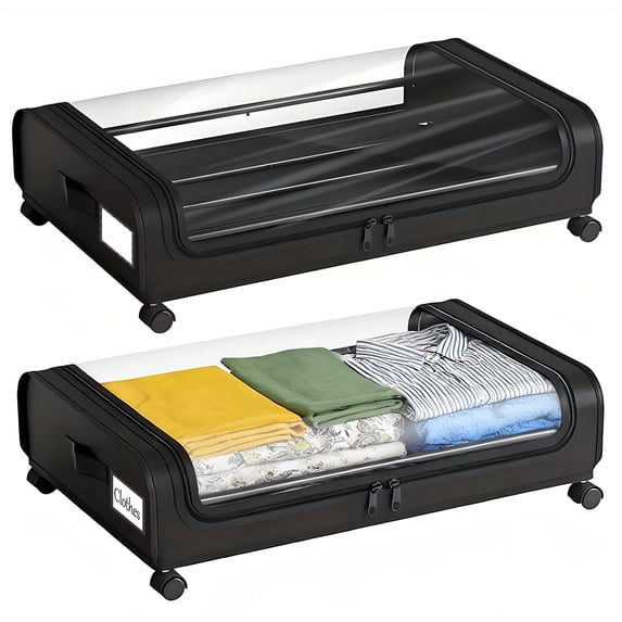 TAIMASI 2-Pack Under Bed Storage with Wheels, Under the Bed Storage Containers with Clear Lids & Label, Underbed Storage Bins for Clothes, Shoes - Black