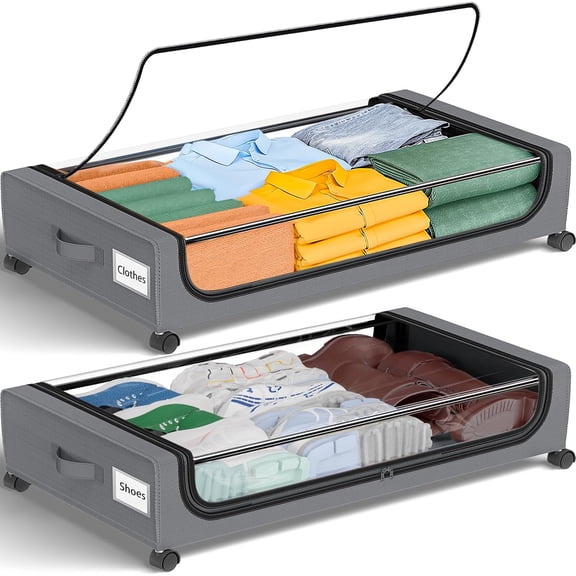 Under Bed Storage with Wheels: 48L Underbed Containers Lids - Rolling Bins for Shoes Clothes in Dorm Bedroom Metal Drawers Easy Pull-out Grey 2-Pack