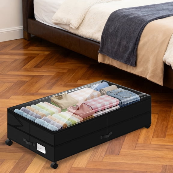 Under Bed Storage with Wheels - 80L Large Capacity Adjustable Storage Bin with Clear Lid, Black Shoe & Clothes Organizer