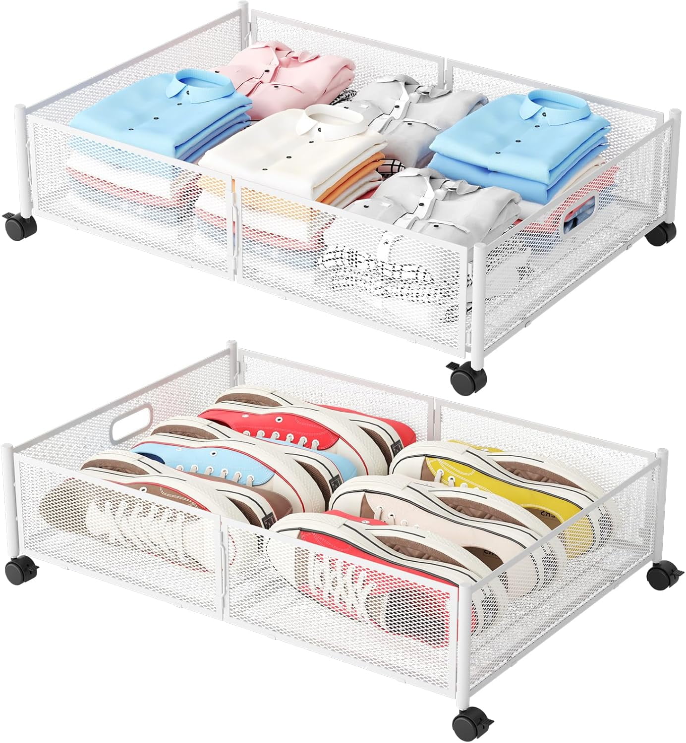 Under Bed Storage with Wheels, Foldable Metal Mesh Underbed Storage ...