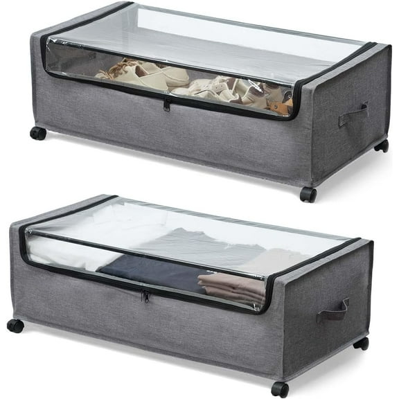 Under Bed Storage with Wheels, Rolling bed Metal Frame, Shoe for Space Saving, Zippered Clear Lid, Heavy-Duty Steel Base Clothes,4XL 90L