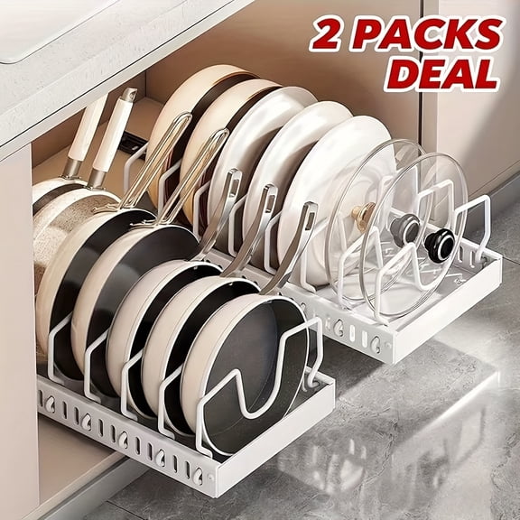 Under-Cabinet Cookware & Frying Pan Rack Set with Pull-Out Lid Organizer, 8 Adjustable Dividers for Pot Lids & Kitchen Utensils