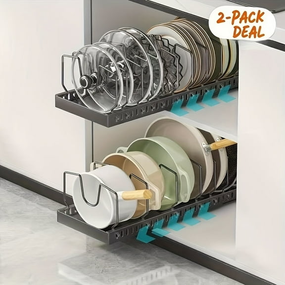 Under-Cabinet Cookware & Frying Pan Rack Set with Pull-Out Lid Organizer, 8 Adjustable Dividers for Pot Lids & Kitchen Utensils