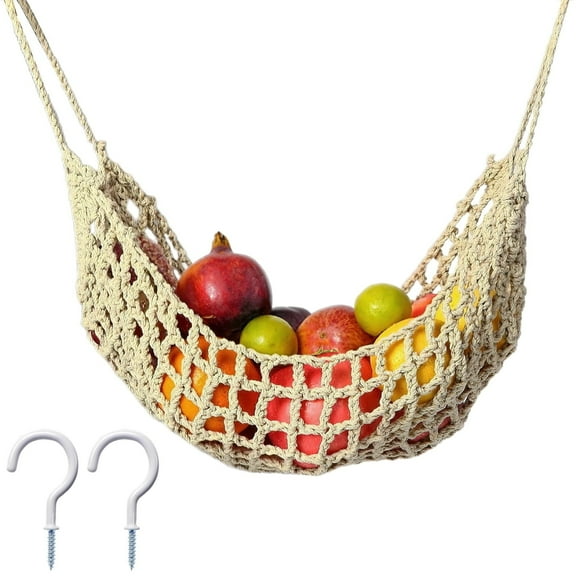 Under Cabinet Fruit Hammock - Handwoven Cotton Rope Organizer (16"x12") | Kitchen Decor Storage Holder, Space-Saving Storage with Hooks for Apples, Onions & Small Spaces