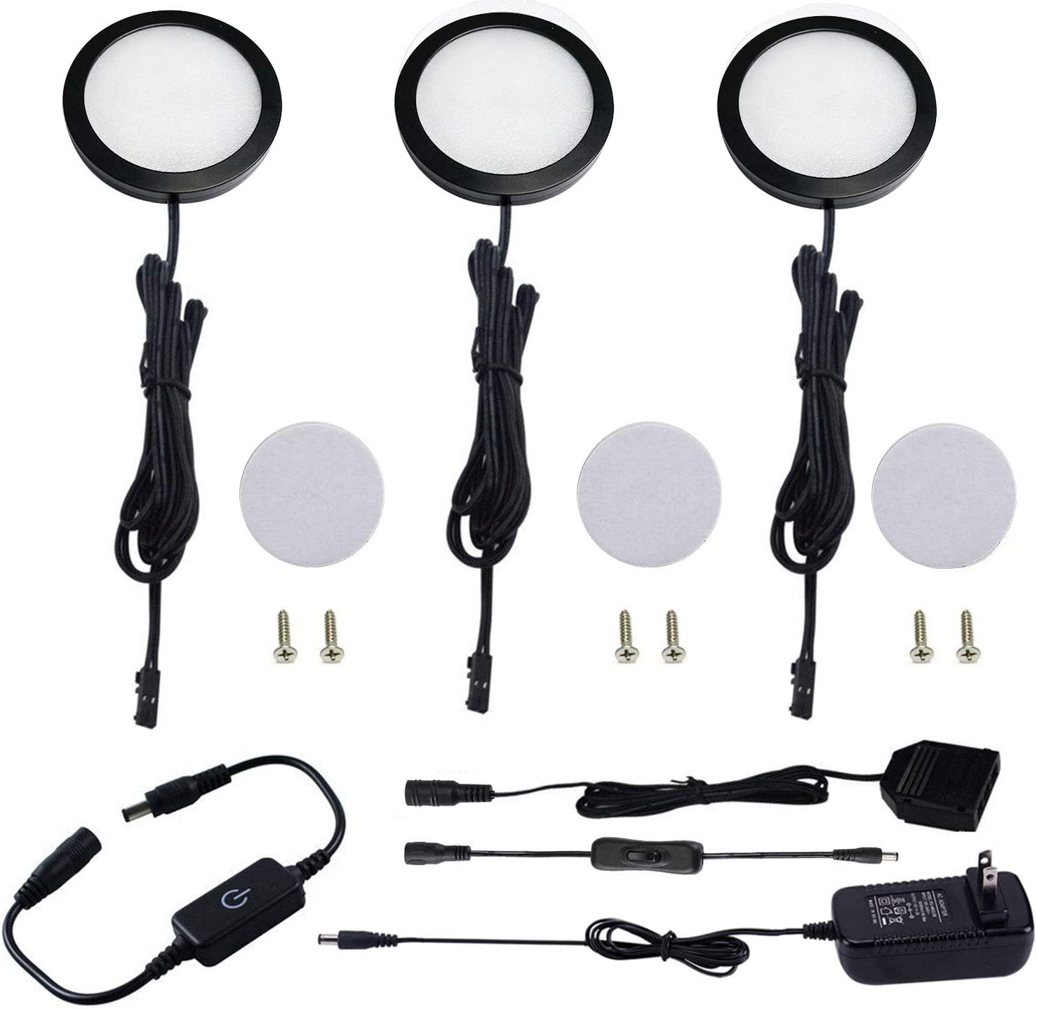 Daylight White Under Cabinet LED Puck Lighting Kit with Black Cover and Touch Dimmer Switch