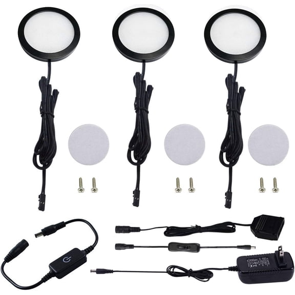 Under Cabinet LED Black Cover Puck Lighting Kit with Touch Dimmer Switch (3 Lights,Daylight White)