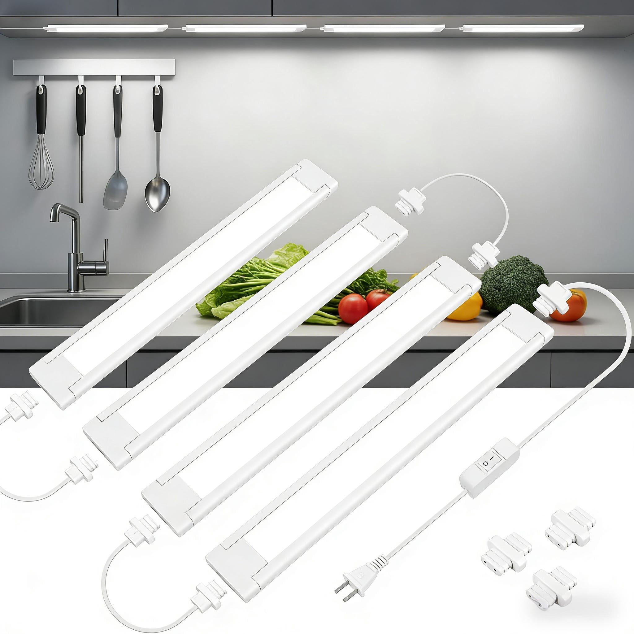 Under Cabinet LED Lights, 4 Pack Ultra Bright Under Counter Lighting with ON/Off Switch, Linkable Kitchen Light Bars for Closet, Workbench